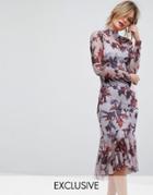 Hope & Ivy Long Sleeve Floral Printed Mesh Dress With Peplum Hem - Purple