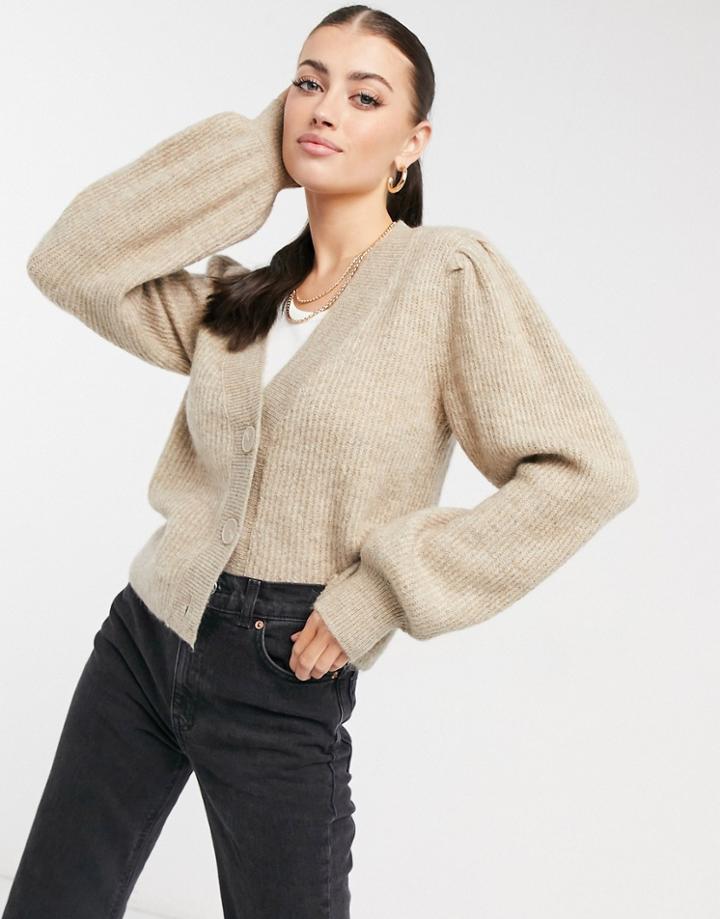 Selected Femme Cardigan With Balloon Sleeves In Beige-neutral