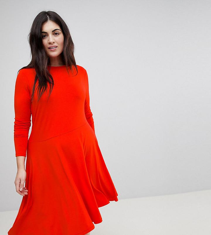 Asos Curve Midi Skater Dress With Asymmetric Hem - Red