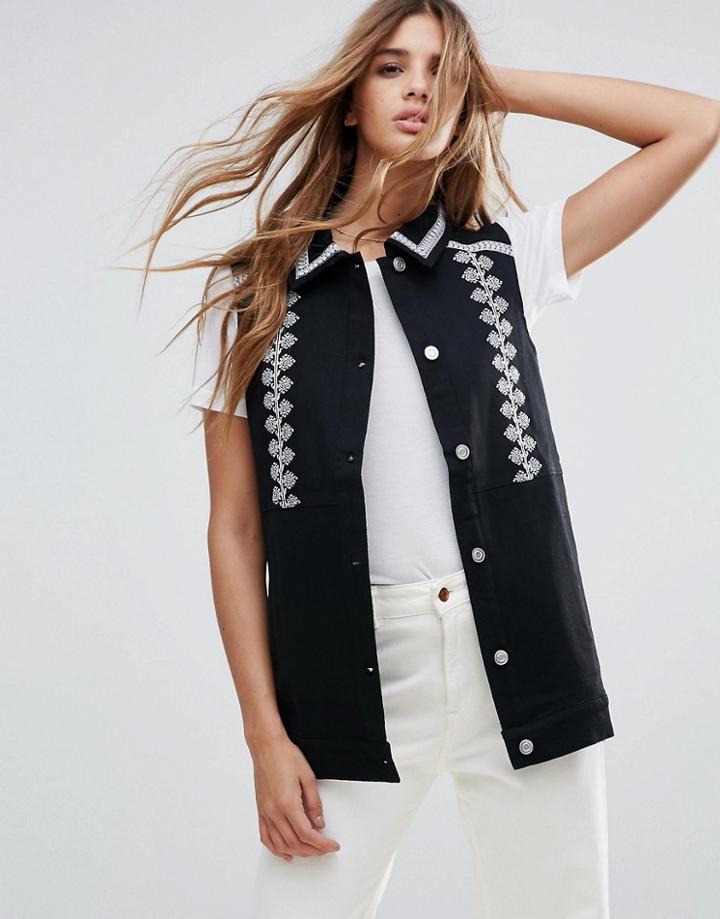 Neon Rose Embroidered Denim Vest - Black