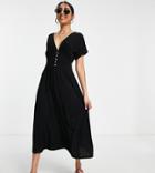 Asos Design Petite Waisted Midi Tea Dress With Buttons In Black