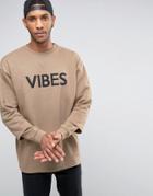 Asos Oversized Longline Sweatshirt With Double Sleeve & Print - Beige