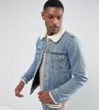 Asos Design Tall Denim Jacket With Fleece Collar In Blue Wash - Blue