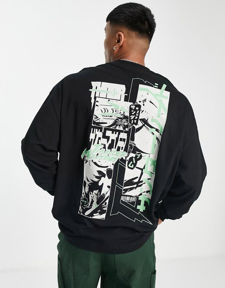 Asos Design Oversized Long Sleeve T-shirt In Black With Anime Comic Back Print