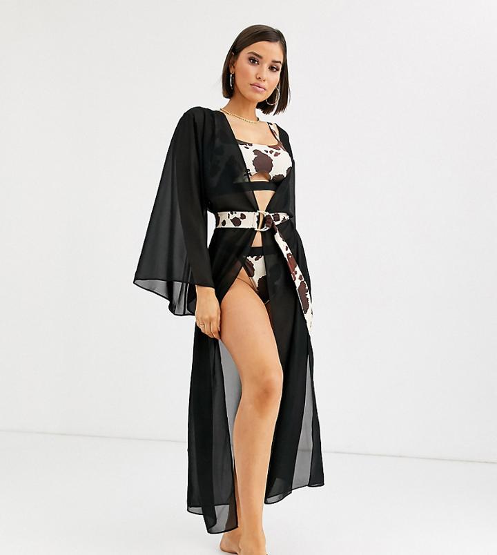 Wolf & Whistle Exclusive Chiffon Beach Kimono In Black With Cow Belt-orange