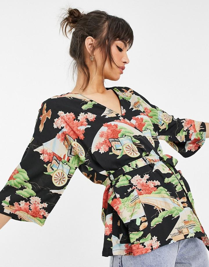 Native Youth Wrap Front Floral Blouse-black