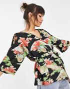 Native Youth Wrap Front Floral Blouse-black