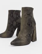 Co Wren Pointed Block Heel Ankle Boots In Snake-beige