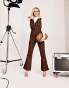 Asos Design Twill Retro Monogram Kick Flare Jumpsuit In Brown-multi