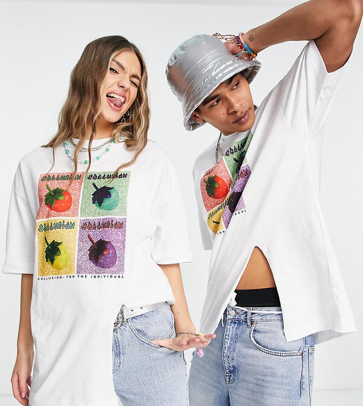 Collusion Unisex Strawberry Graphic Beach T-shirt In Slub With Front Split-white