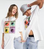 Collusion Unisex Strawberry Graphic Beach T-shirt In Slub With Front Split-white