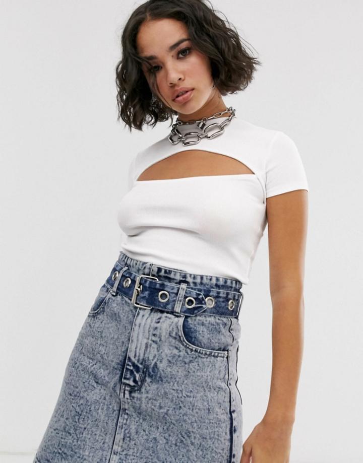 Bershka Cut Out Front Top In White - White