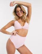 Asos Design Texture High Waist Bikini Bottom In Soft Pink
