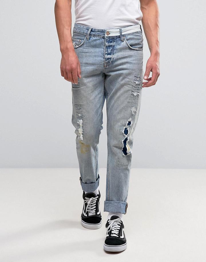 Asos Slim Jeans With Rip And Repair Details In Vintage Light Wash - Bl