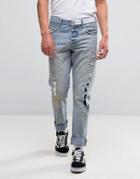 Asos Slim Jeans With Rip And Repair Details In Vintage Light Wash - Bl