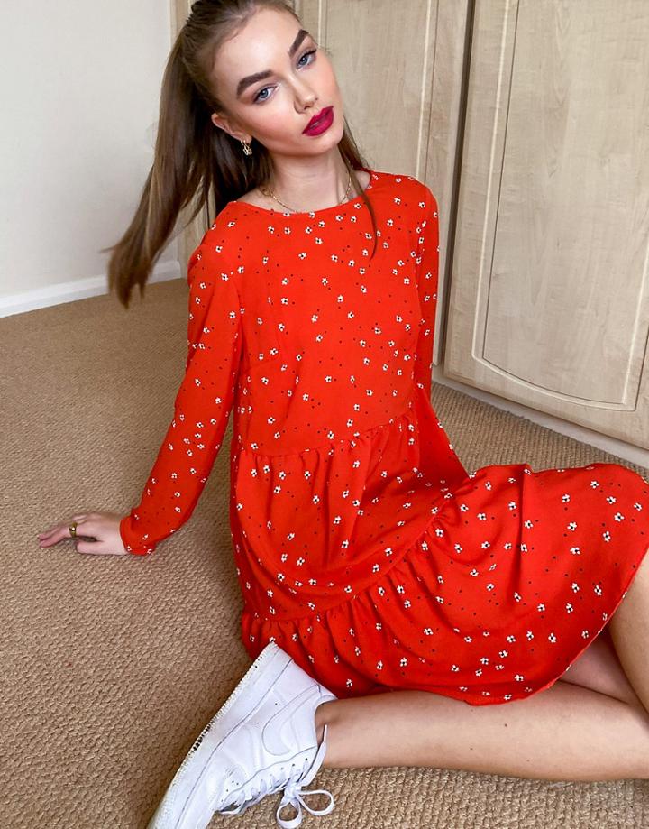 Asos Design Long Sleeve Tiered Smock Mini Dress In Red Ditsy Print-multi