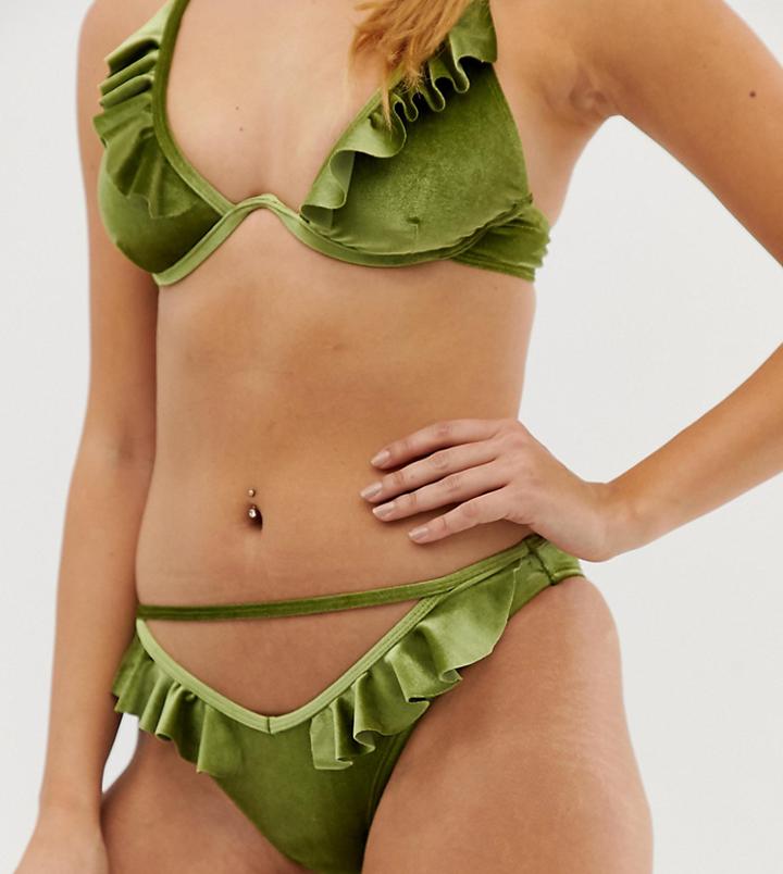 Prettylittlething Bikini Bottoms With Frill Detail In Olive Velvet - Green