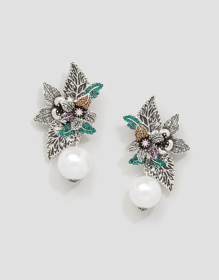 Asos Leaf & Faux Pearl Drop Earrings - Multi