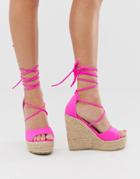 Raid Marea Neon Pink Tie Up Espadrille Wedge Sandals - Pink