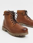 Asos Design Lace Up Worker Boots In Tan Leather-brown