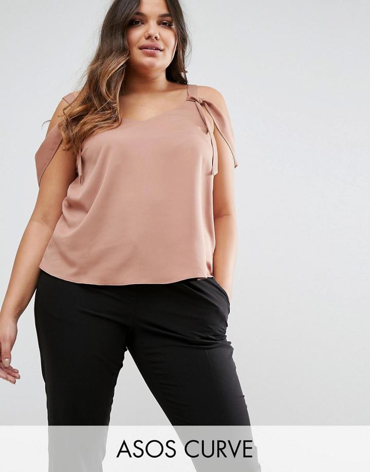 Asos Curve Satin Cami With Cold Shoulder Tie Detail - Beige