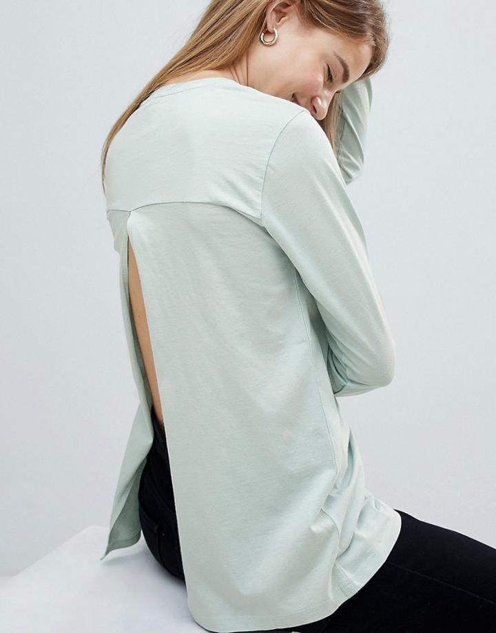Asos Design T-shirt With Long Sleeve Split Back - Green