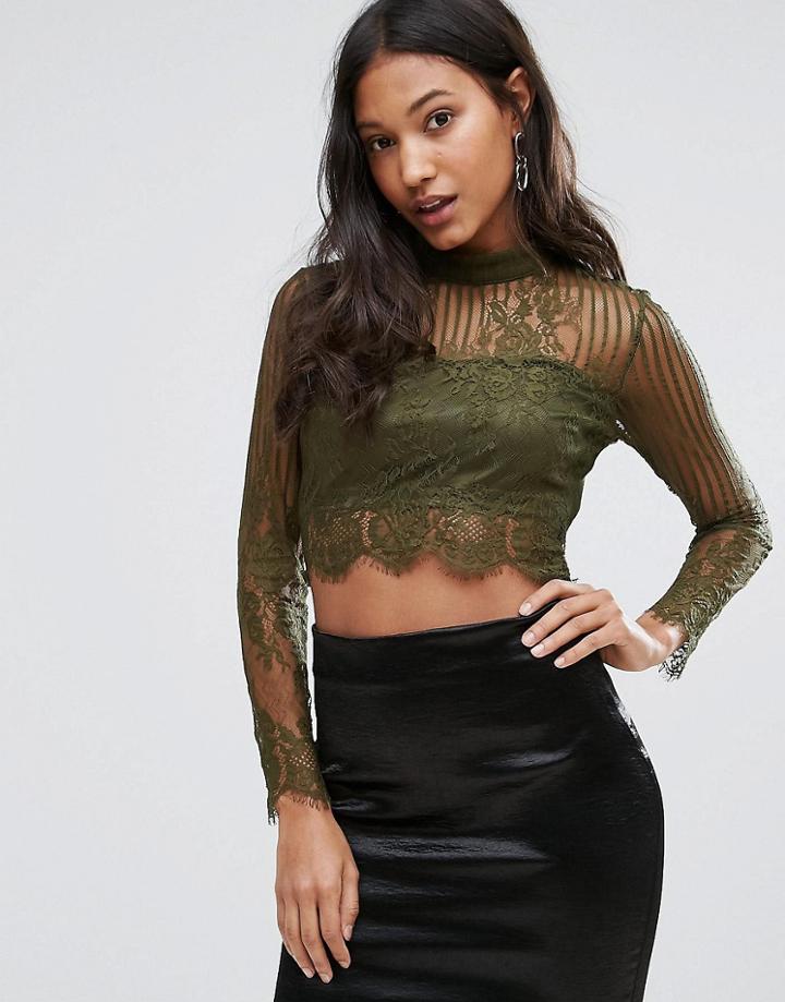 Love & Other Things High Neck Lace Long Sleeve Crop Top - Green
