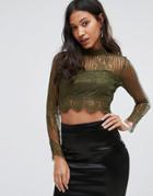 Love & Other Things High Neck Lace Long Sleeve Crop Top - Green