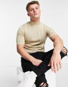 Asos Design Knit Ribbed Turtleneck T-shirt In Oatmeal-neutral