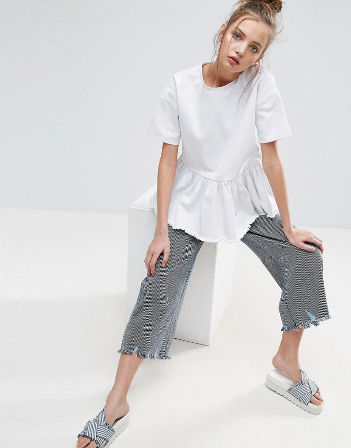 Asos Stripe Wide Leg Jeans With Chewed Hems - Blue