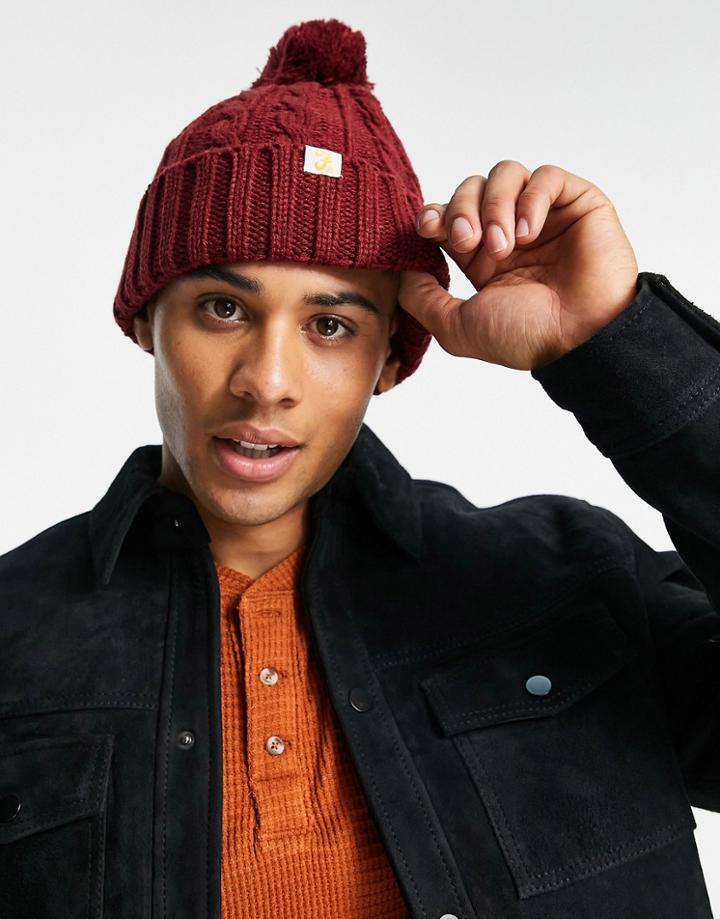 Farah Logo Cable Knit Bobble Hat In Burgundy-red