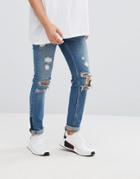 Asos Skinny Jeans In Dark Wash Blue With Rips And Zip Detail - Blue