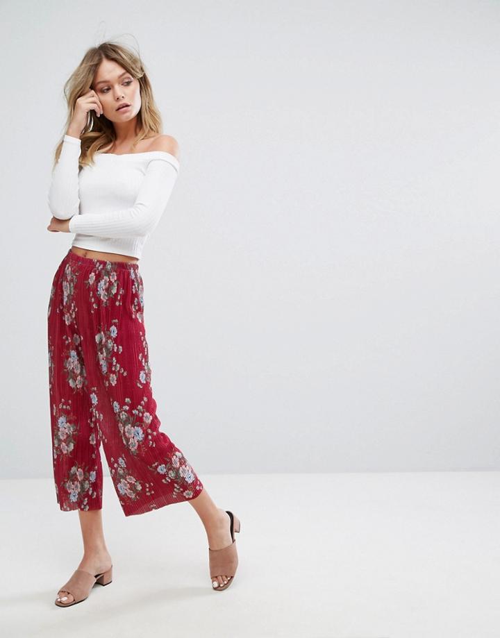 New Look Floral Plisse Crop Pants - Copper