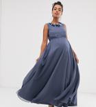 Asos Design Maternity Maxi Dress With 3d Floral Embellished Neckline