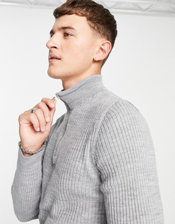 New Look Muscle Fit Knit Sweater In Gray-grey