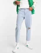 Asos Design Classic Rigid Jeans In Light Stone Wash With Elasticated Waist And Rips-blue