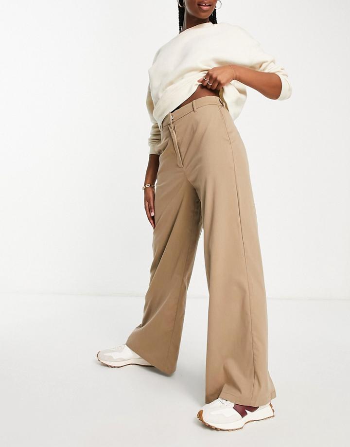 Vila Tailored Wide Leg Pants With Split Back In Camel-neutral