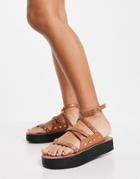Asos Design Flinch Studded Leather Flatform Sandals In Tan-brown
