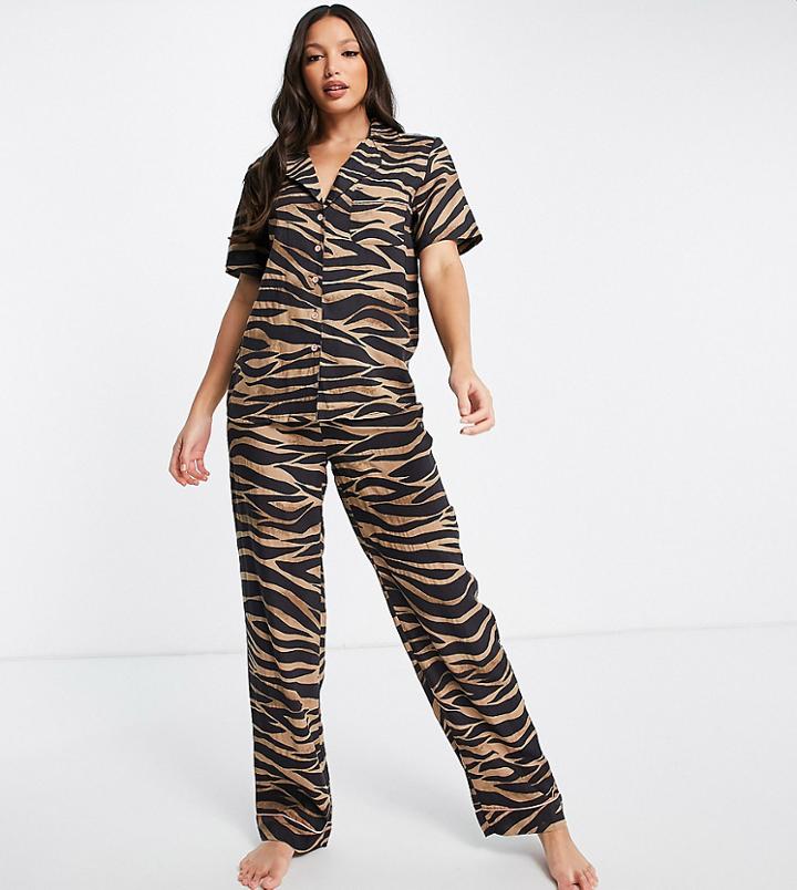 Asos Design Tall Modal Zebra Print Shirt & Pants With Jacquard Elastic Waistband Pajama Set In Brown