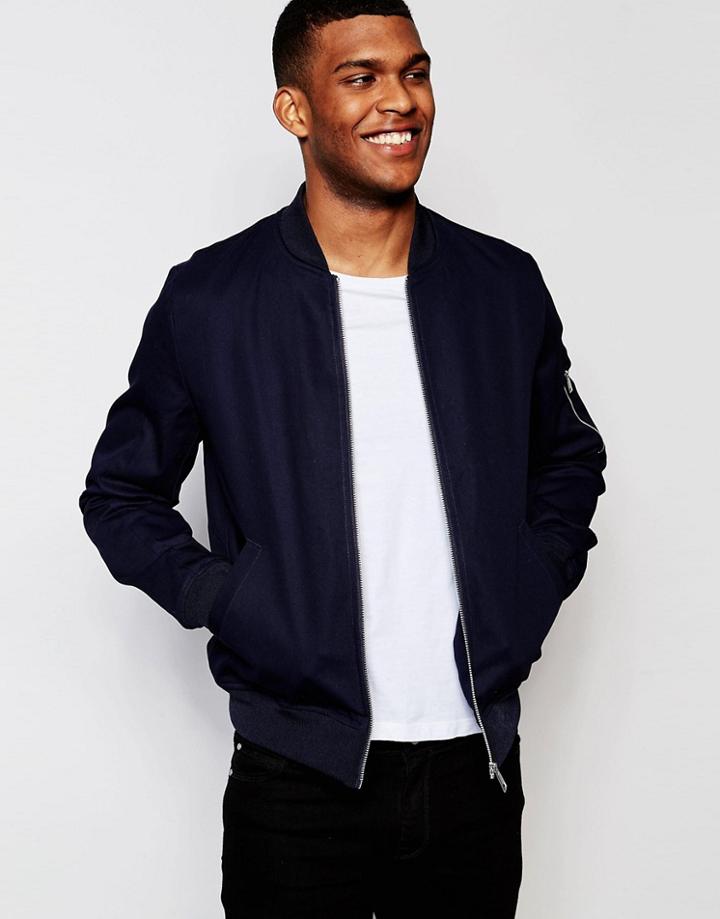 Asos Bomber Jacket With Sleeve Zip In Navy - Navy