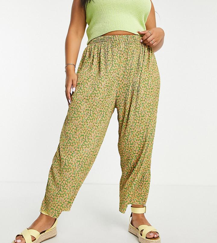Asos Design Curve Plisse Culotte In Mustard Floral-multi