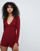 Pull & Bear Long Sleeve Romper - Red