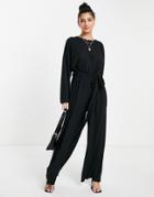 Style Cheat Tie Waist Wide Leg Jumpsuit In Black