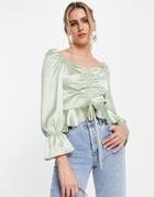 Flounce London Ruched Front Blouse In Dusty Sage-green