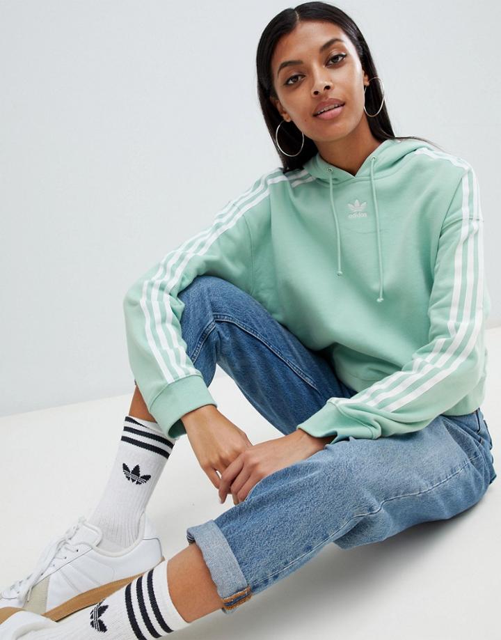 Adidas Originals Three Stripe Cropped Hoodie In Green - Green