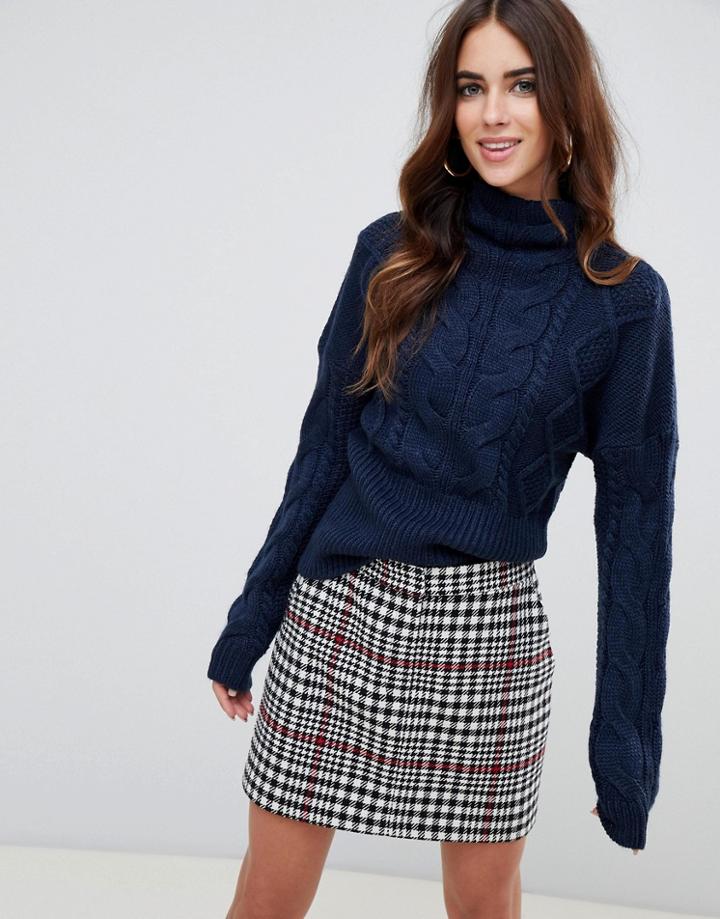 Fashion Union Oversized Sweater With High Neck In Cable Knit - Navy