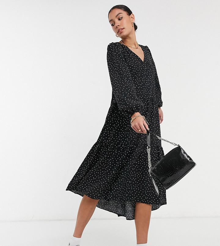 Asos Design Tall Textured Tiered Midi Smock Dress In Polka Dot-multi