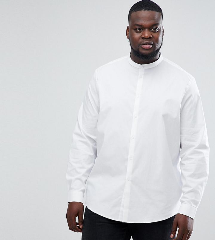 Asos Plus Stretch Regular Fit Shirt In White With Grandad Collar - White