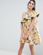 Asos Jacquard Ruffle One Shoulder Floral Trapeze Mini Dress - Multi