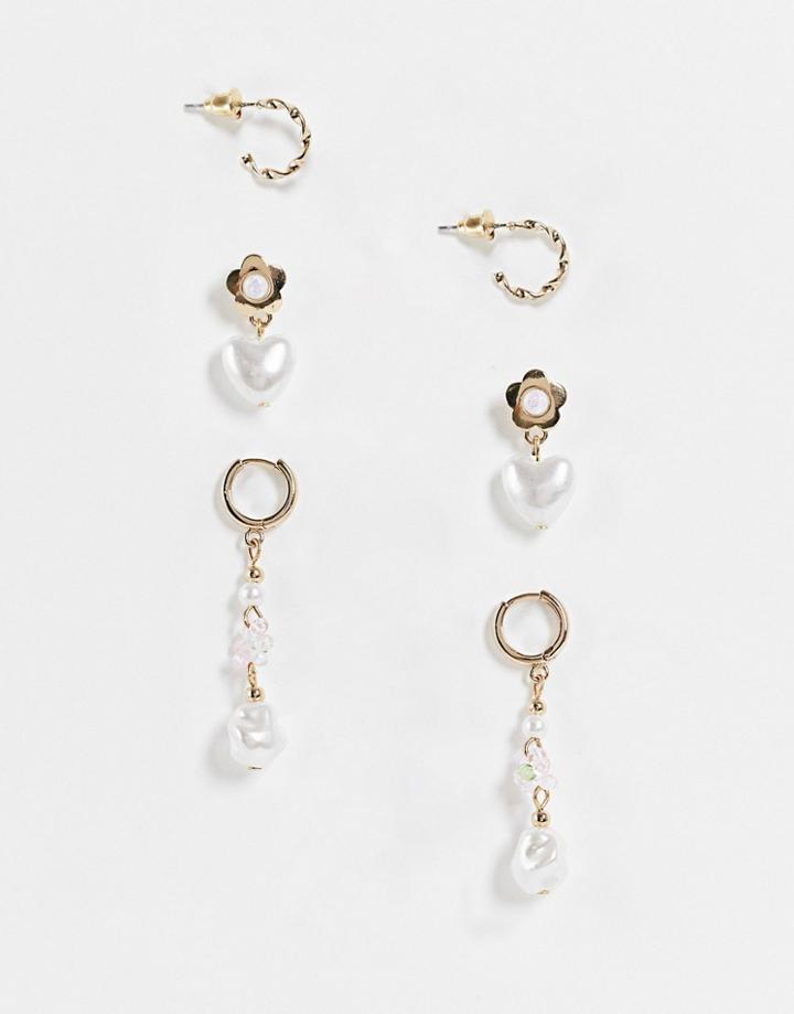 Topshop 3 Pack Pearl Charm Drop Earrings In Gold